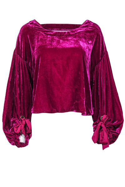 Current Boutique-Free People - Magenta Velvet Open Back Balloon Sleeve Blouse w/ Ties Sz XS