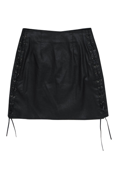 Current Boutique-French Connection - Black Coated Denim Miniskirt w/ Lace-Up Sides Sz 4