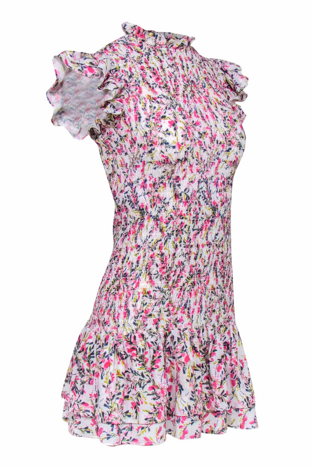 Current Boutique-French Connection - Pink, Green, & White Floral Smocked Mini Dress w/ Ruffle Hem Sz S