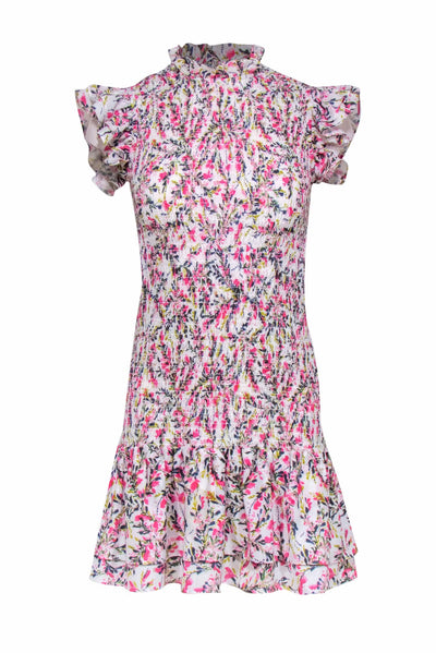 Current Boutique-French Connection - Pink, Green, & White Floral Smocked Mini Dress w/ Ruffle Hem Sz S