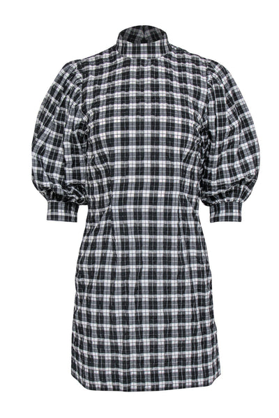 Current Boutique-Ganni - Black & White Plaid Puff Sleeve Sheath Dress Sz 4