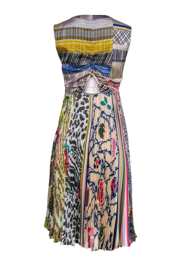 Current Boutique-Geisha Designs - Gold Multicolor Mixed Pattern Pleated Midi Dress Sz 6P