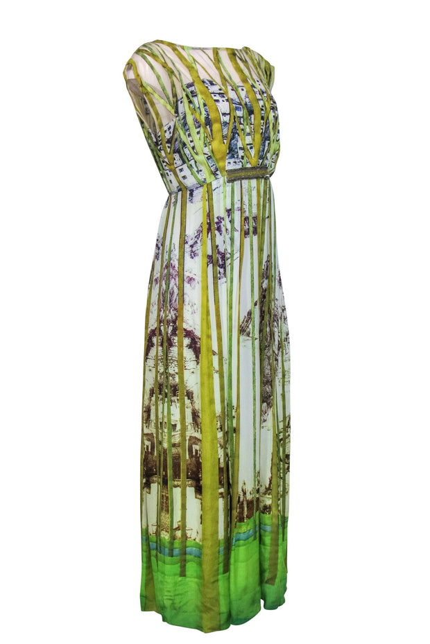 Current Boutique-Geisha Designs - Green & Ivory Forest Printed Illusion Gown w/ Beading Sz M