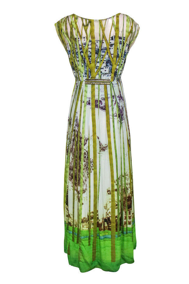 Current Boutique-Geisha Designs - Green & Ivory Forest Printed Illusion Gown w/ Beading Sz M