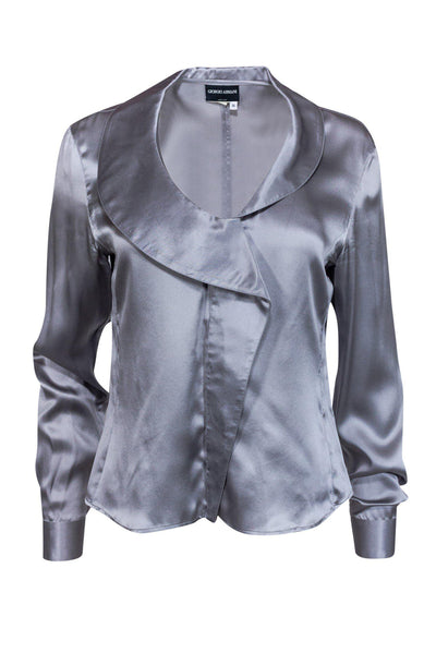 Current Boutique-Giorgio Armani - Light Gray Silk Blouse w/ Draped Shawl Collar Sz 8