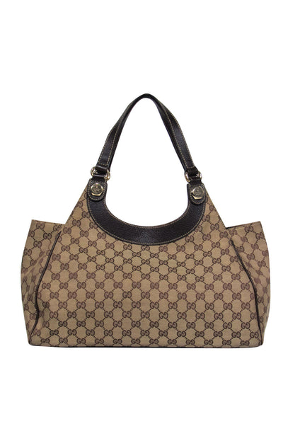 Current Boutique-Gucci - Beige Monogram Print Shoulder Bag w/ Leather Trim