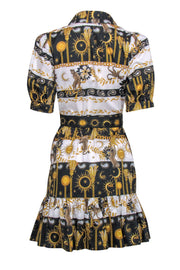 Current Boutique-Hayley Menzies - White, Black & Gold Printed Button-Up Puff Sleeve Shirtdress Sz S