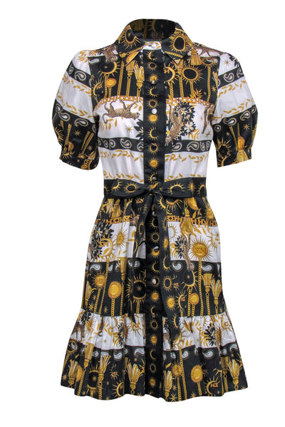 Current Boutique-Hayley Menzies - White, Black & Gold Printed Button-Up Puff Sleeve Shirtdress Sz S