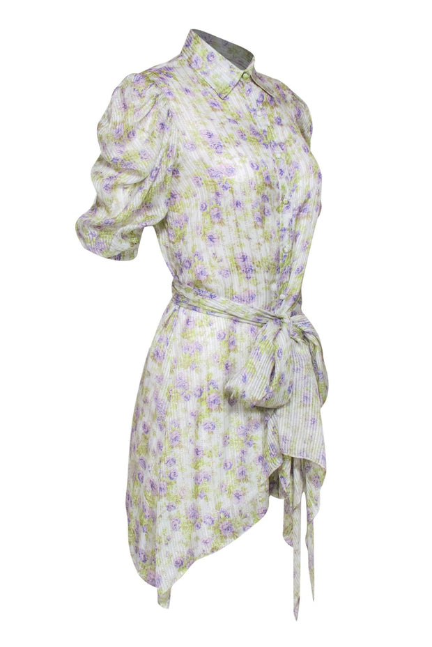 Current Boutique-Hemant & Nandita - White, Purple & Green Floral Puff Sleeve Dress Sz XS