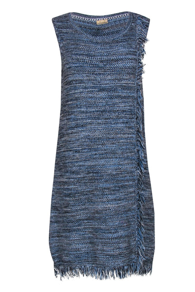 Current Boutique-Holding Horses - Blue & Gray Woven Tweed Shift Dress w/ Fringe Sz S