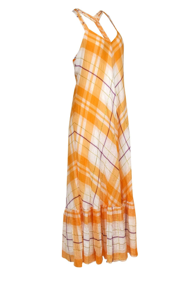 Current Boutique-Holding Horses - Orange & Purple Metallic Plaid Cotton Maxi Dress Sz L