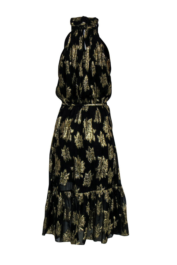Current Boutique-IRO - Black & Gold Metallic Floral Print Sleeveless Belted Maxi Dress Sz 8