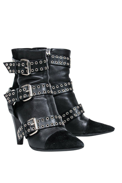 Current Boutique-Isabel Marant - Black Leather Heeled Buckled Booties w/ Suede Trim Sz 5.5