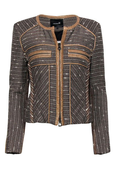 Current Boutique-Isabel Marant - Brown Woven Wool Zip-Up Jacket w/ Leather Trim Sz 2