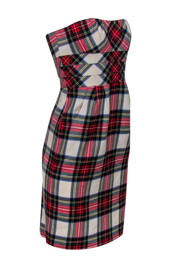 Current Boutique-Ivy for Intermix - Cream & Multicolored Plaid Strapless Wool Sheath Dress Sz 4