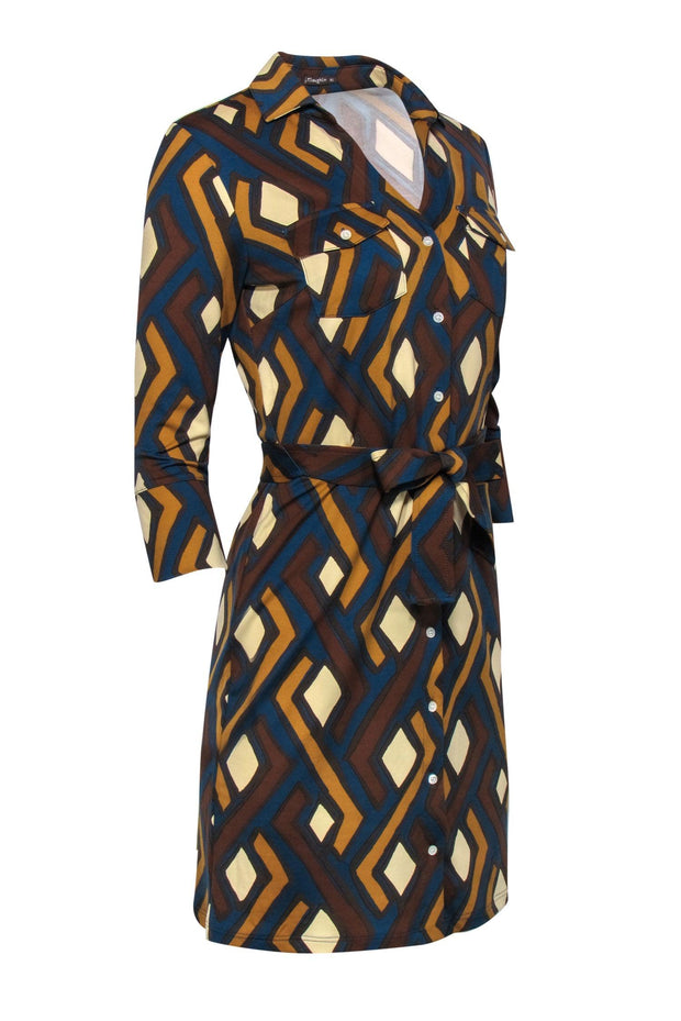 Current Boutique-J. McLaughlin - Dark Blue, Brown & Tan Printed Button-Up Belted Shirt Dress Sz XS