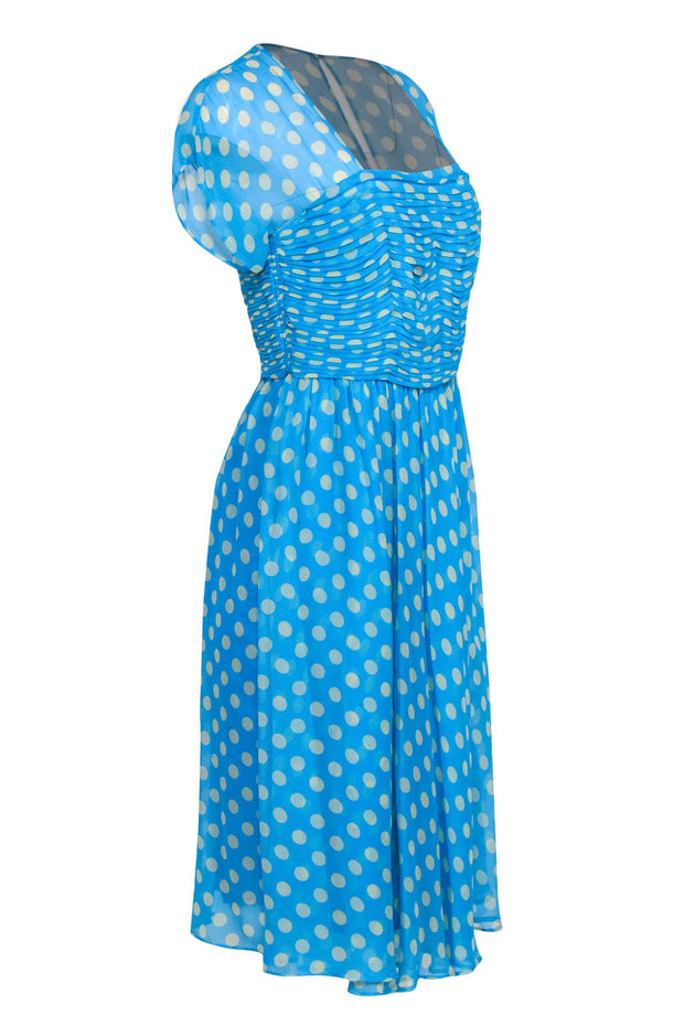 Current Boutique-J. Peterman - Blue & Yellow Polka Dot Pleated Bust Midi Silk Dress Sz 4