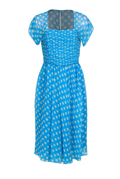 Current Boutique-J. Peterman - Blue & Yellow Polka Dot Pleated Bust Midi Silk Dress Sz 4