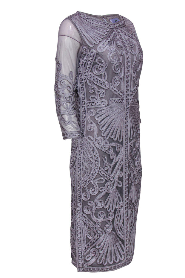 Current Boutique-J. S. Collections - Silver Embroidered Mesh Shift Dress Sz 8