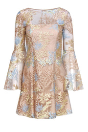 Current Boutique-Jay Godfrey - Tan Multicolor Floral Embroidered Bell Sleeve Dress Sz 6