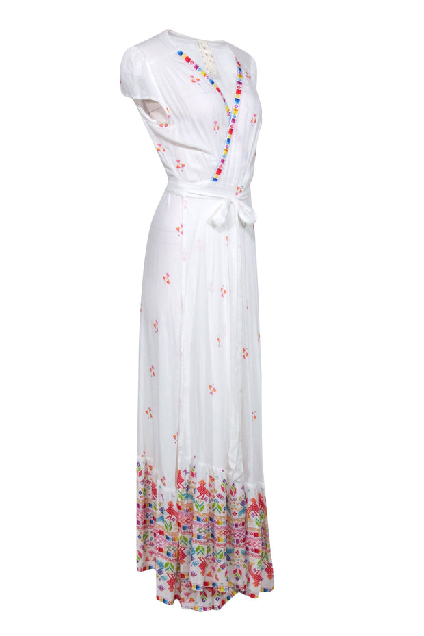 Current Boutique-Jen's Pirate Booty - White Short Sleeve Maxi Wrap Dress w/ Aztec Print Sz L