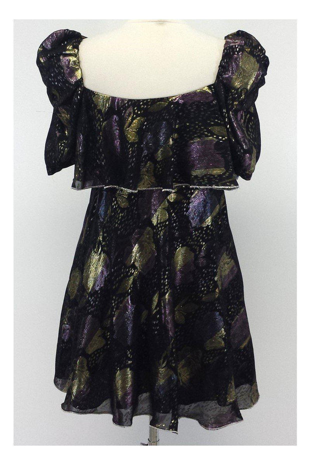 Current Boutique-Jill Stuart - Black & Metallic Floral Print Peasant-Style Dress Sz M