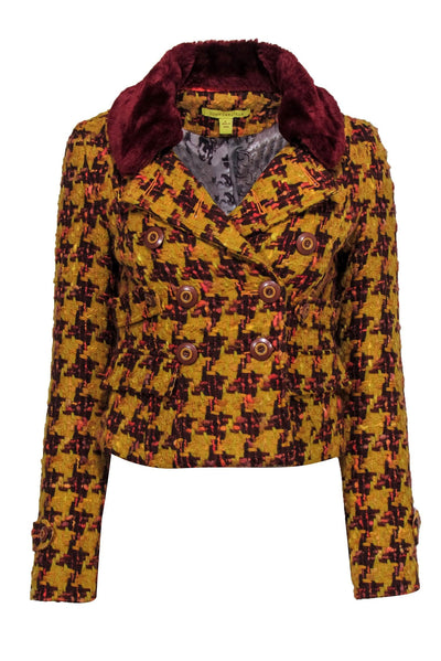 Current Boutique-John Carlisle - Mustard & Red Cropped Tweed Jacket w/ Faux Fur Collar Sz S