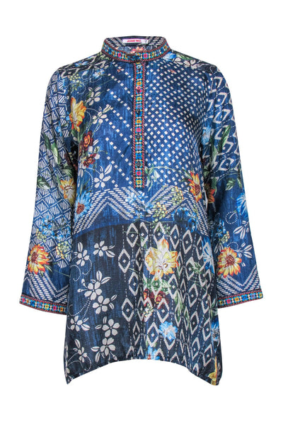 Current Boutique-Johnny Was - Blue Mixed Print Long Sleeve Tunic Top Sz XS