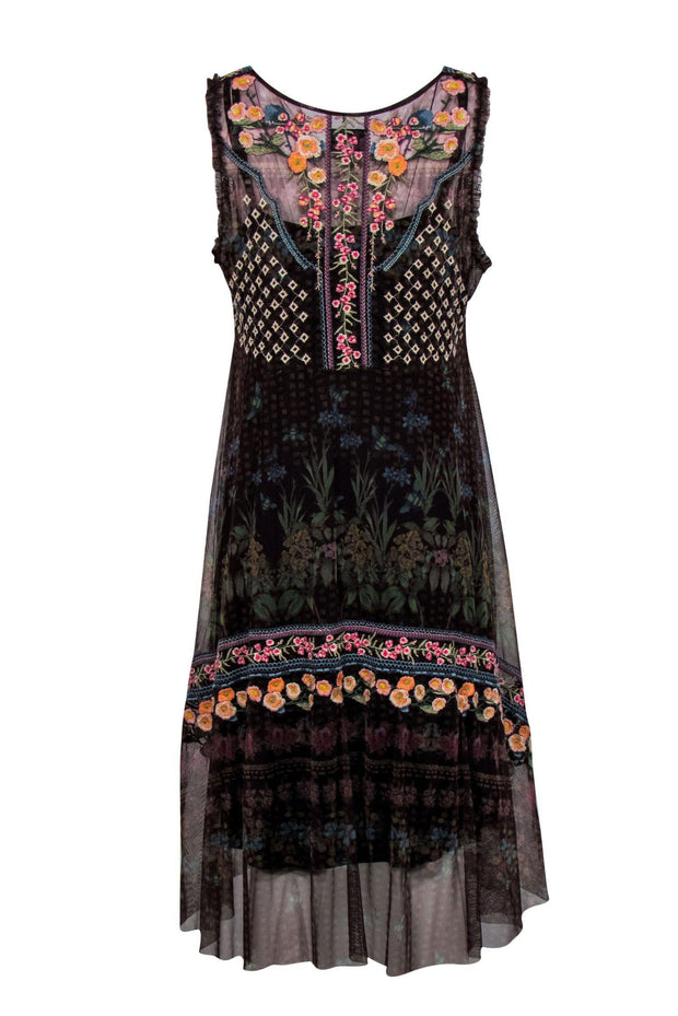 Current Boutique-Johnny Was - Brown Floral Print Mesh Embroidered Maxi Dress Sz 10