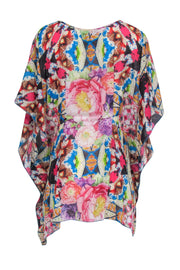 Current Boutique-Johnny Was - Colorful Floral Silk Caftan-Style Top w/ Keyhole Tie Sz XXL
