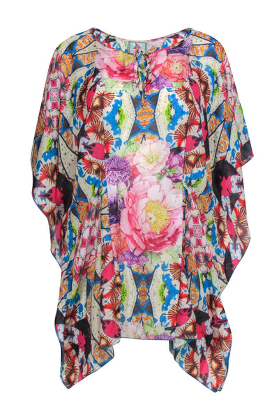 Current Boutique-Johnny Was - Colorful Floral Silk Caftan-Style Top w/ Keyhole Tie Sz XXL