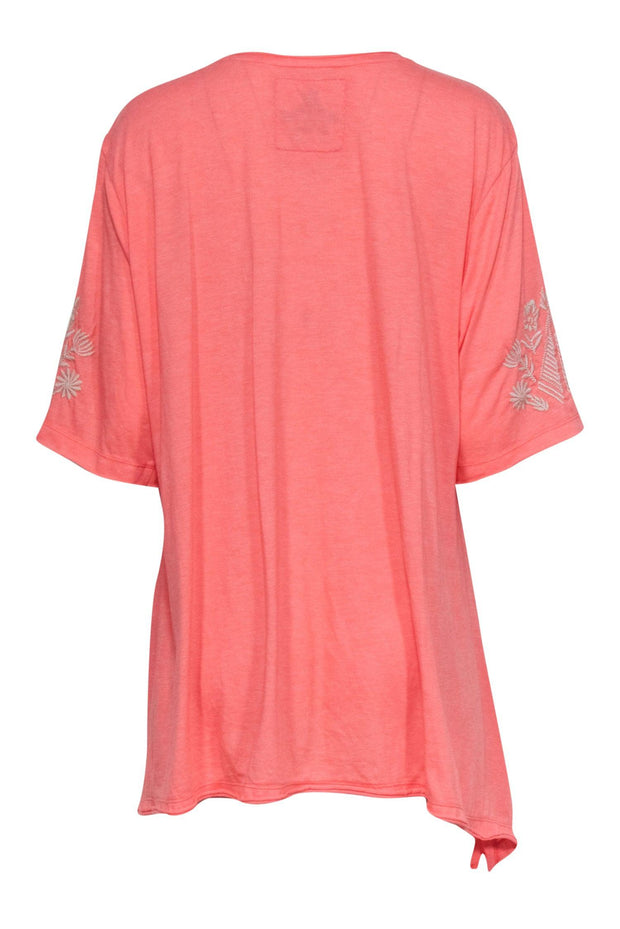Current Boutique-Johnny Was - Coral Tunic w/ Cream Floral Embroidery Sz XXL