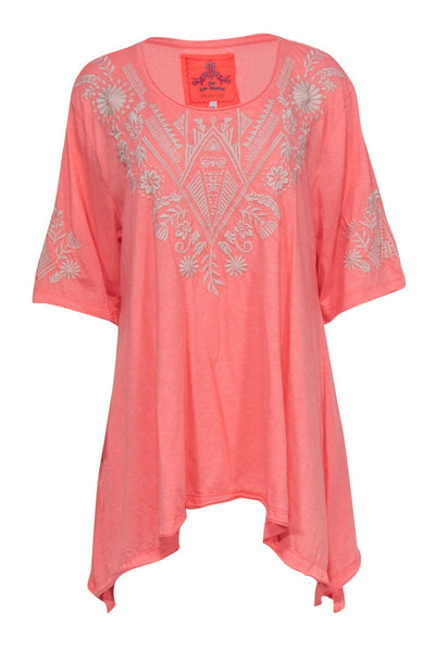 Current Boutique-Johnny Was - Coral Tunic w/ Cream Floral Embroidery Sz XXL