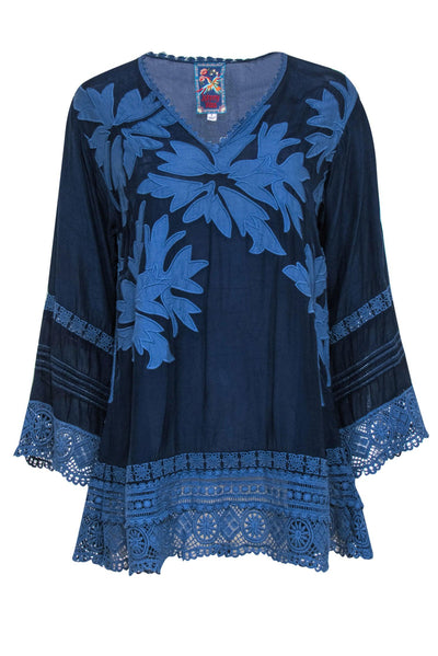 Current Boutique-Johnny Was - Dark & Light Blue Embroidered Tunic w/ Lace Trim Sz S