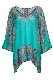 Current Boutique-Johnny Was - Green Bohemian Print Embroidered Silk Tunic Sz XL