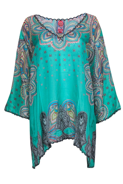 Current Boutique-Johnny Was - Green Bohemian Print Embroidered Silk Tunic Sz XL