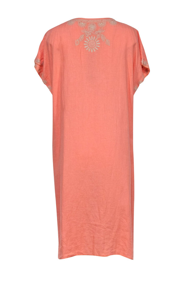 Current Boutique-Johnny Was - Peach Embroidered Linen Caftan w/ Slits Sz 1X