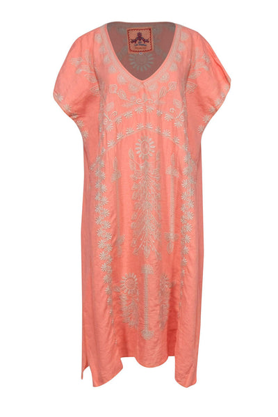 Current Boutique-Johnny Was - Peach Embroidered Linen Caftan w/ Slits Sz 1X