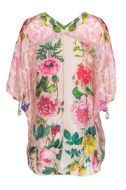 Current Boutique-Johnny Was - Pink Floral Printed Silk Kaftan-Style "Botan" Tunic Blouse Sz XXL
