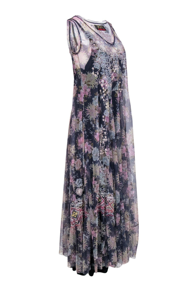 Current Boutique-Johnny Was - Purple Floral Print Embroidered Mesh Maxi Dress Sz M