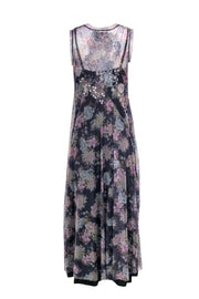 Current Boutique-Johnny Was - Purple Floral Print Embroidered Mesh Maxi Dress Sz M