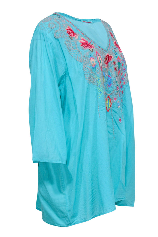 Current Boutique-Johnny Was - Teal Cotton Tunic w/ Pink & Grey Floral Embroidery Sz 2X