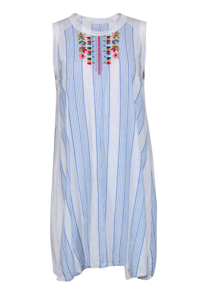 Current Boutique-Johnny Was - White & Blue Striped Sleeveless Shift Dress w/ Floral Embroidery Sz S