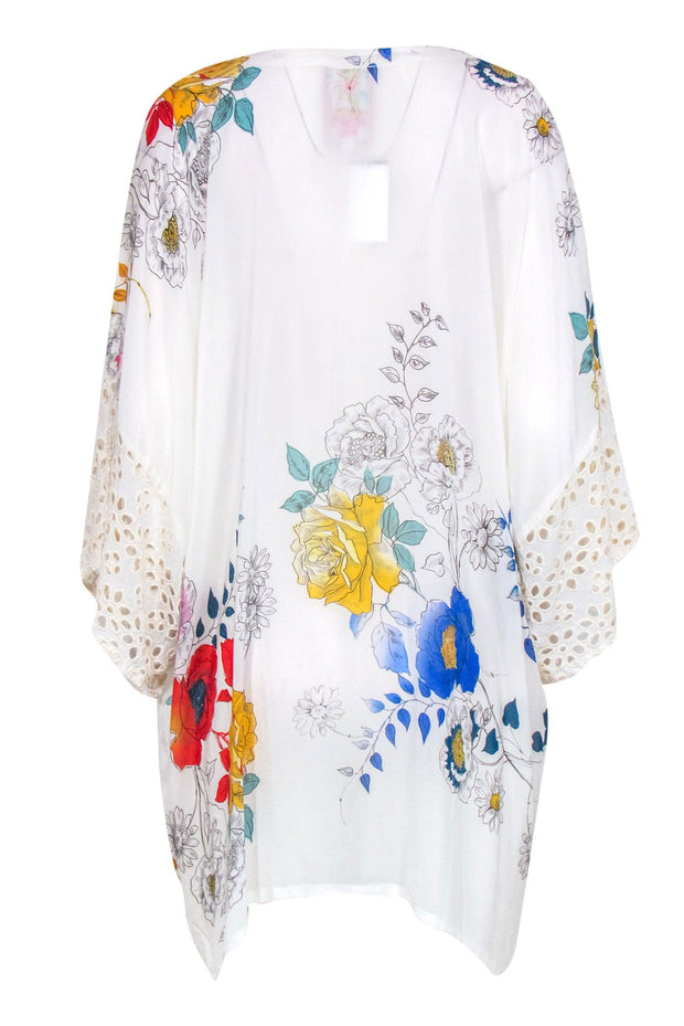 Current Boutique-Johnny Was - White & Multicolor Floral Print Kimono w/ Eyelet Sleeves & Tie Sz 1X