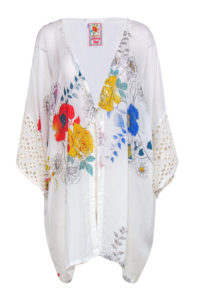 Current Boutique-Johnny Was - White & Multicolor Floral Print Kimono w/ Eyelet Sleeves & Tie Sz 1X