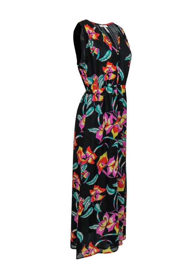 Current Boutique-Joie - Black & Multicolor Tropical Floral Print Silk Maxi Dress Sz XS