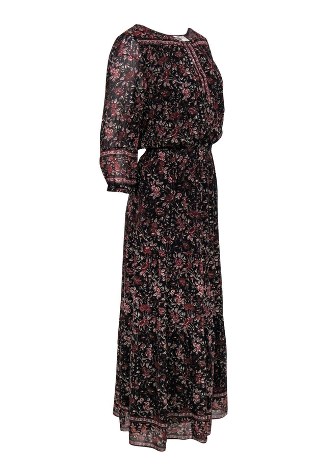 Current Boutique-Joie - Black & Red Floral Silk Maxi Prairie Dress Sz M