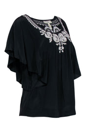 Current Boutique-Joie - Black Silk Ruffle Sleeve Embroidered Blouse Sz S