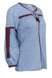 Current Boutique-Joie - Chambray Blouse w/ Maroon & Navy Embroidered Trim Sz M