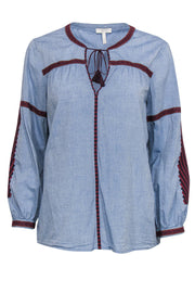 Current Boutique-Joie - Chambray Blouse w/ Maroon & Navy Embroidered Trim Sz M